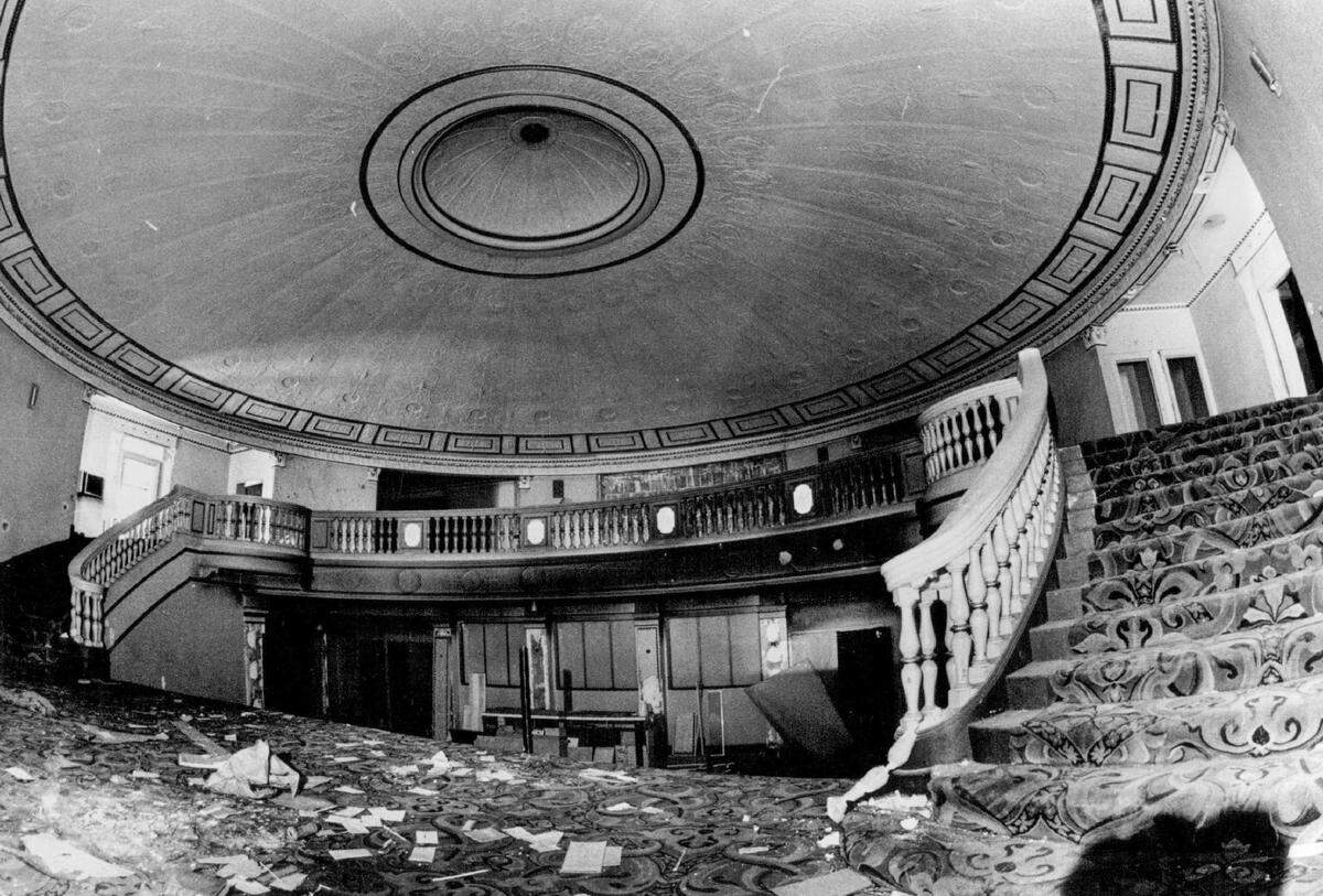 The main foyer to the lower and upper levels of the Fox Senator Theatre, before it was demolished in 1977.