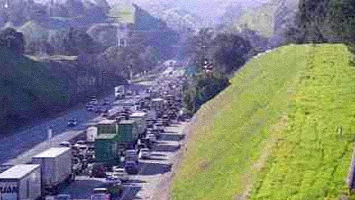 Traffic is at a standstill on westbound Interstate 80 just east of the Willow Avenue exit near Hercule at 10 a.m. on Thursday, Jan. 18, 2026. Authorities shut down the freeway amid major police activity in the area that prompted a Sig Alert and diversions for freeway traffic.
