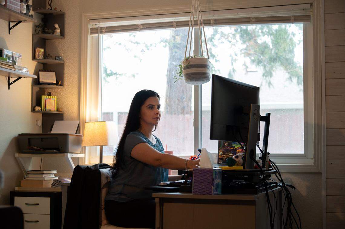 Department of General Services employee Monica Hassan telecommutes from her Sacramento-area home office in November.