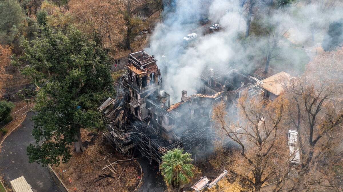 Fire at the historic Bidwell Mansion on Wednesday, Dec. 11, 2024 in Chico.