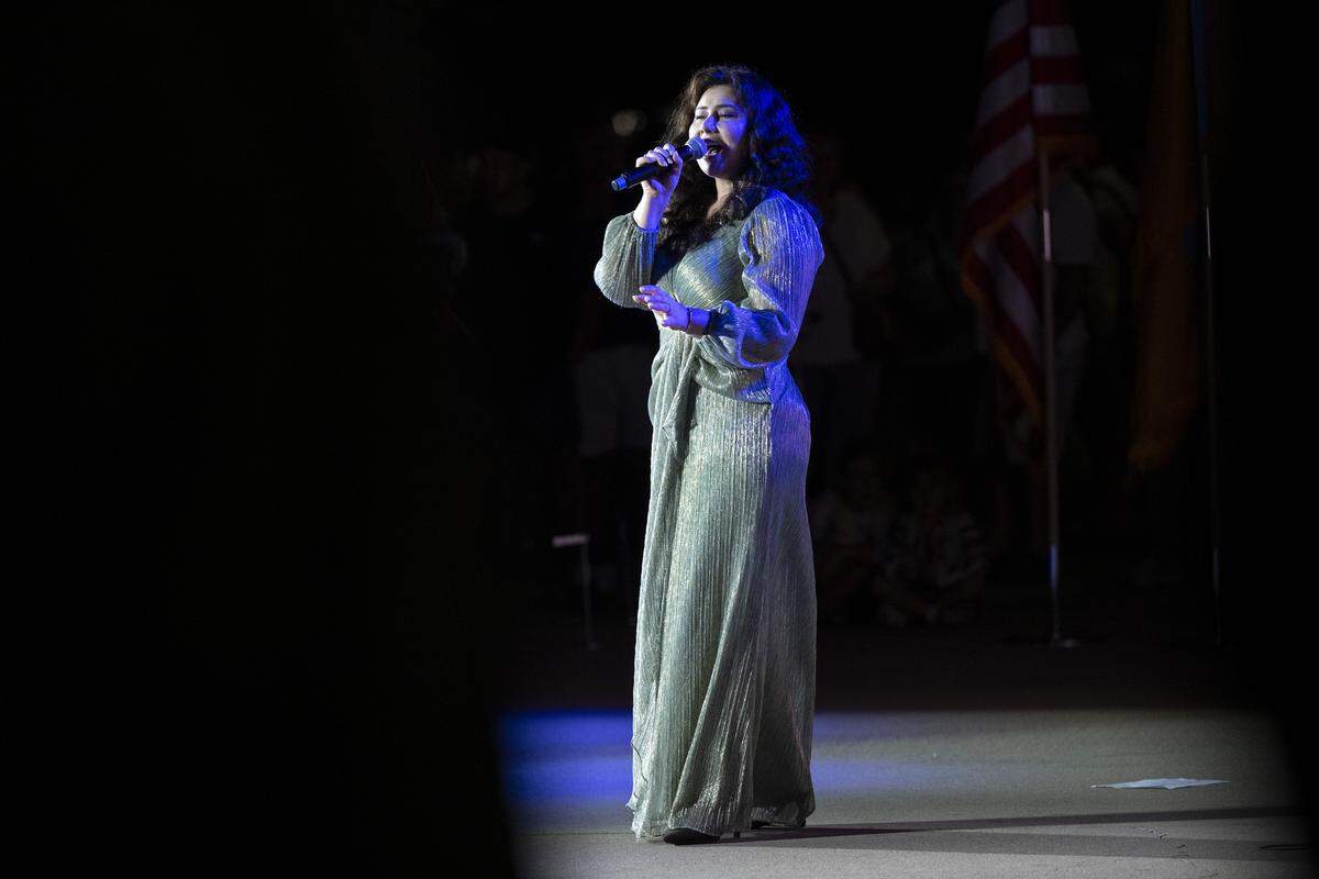 Ukrainian singer Rulada performs during a Ukrainian Independence Day celebration at the California Capitol in Sacramento on Sunday.