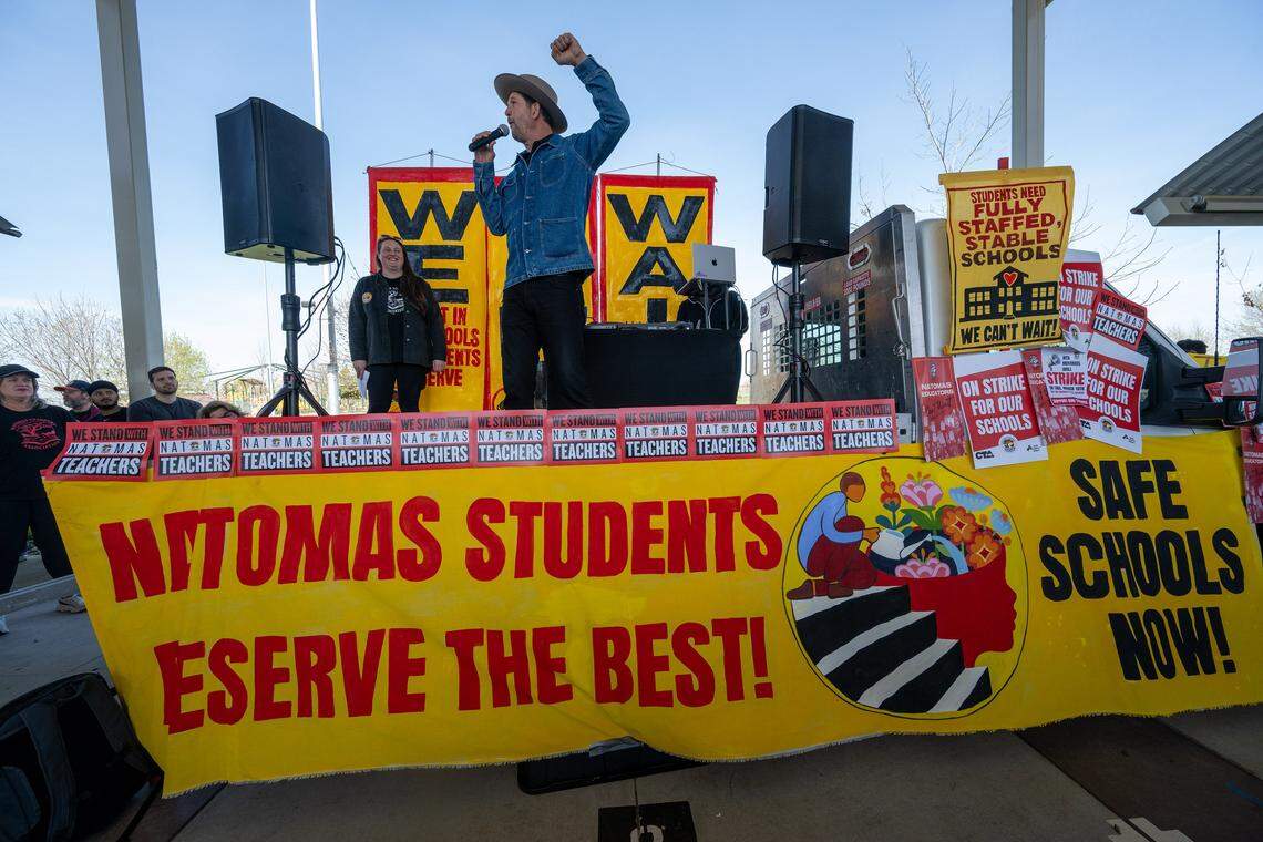 California Teachers Association President David Goldberg speaks at a rally on Tuesday, March 10, 2026, at North Natomas Regional Park in Sacramento during the first day of the Natomas school district teachers' strike. 