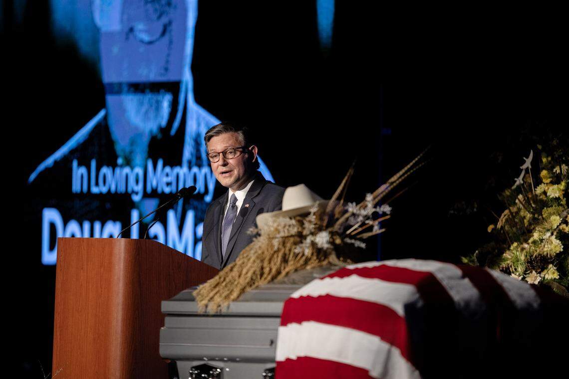 Mike Johnson, Speaker of the U.S. House of Representatives, remembers Rep. Doug LaMalfa during the memorial service at the Silver Dollar Fairgrounds in Chico on Saturday.