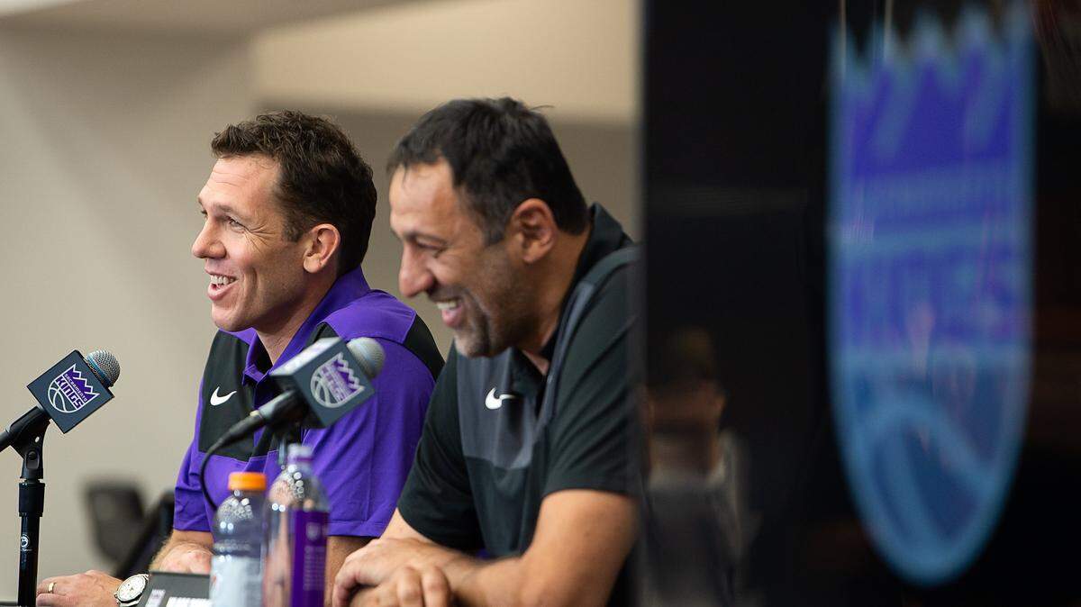 Sacramento Kings General Manger Vlade Divac and new head coach Luke Walton speak to the media at Golden 1 Center on Monday, April 15, 2019 in Sacramento.
