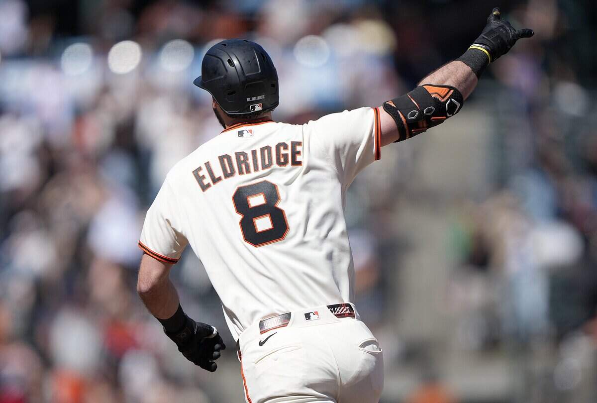 Bryce Eldridge of the San Francisco Giants rounds the bases after hitting a walk-off grand slam home run in the bottom of the ninth inning to defeat the Washington Nationals, 11-10, on Wednesday at Oracle Park in San Francisco.