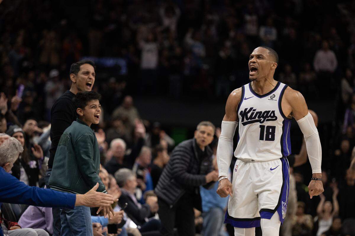 Sacramento Kings guard Russell Westbrook (18) yells up to the crowd after making a defensive stop in the second half against the Golden State Warriors on Wednesday, Nov. 5, 2025. Westbrook on Friday against the Minnesota Timberwolves recorded his 10,000th career assist.