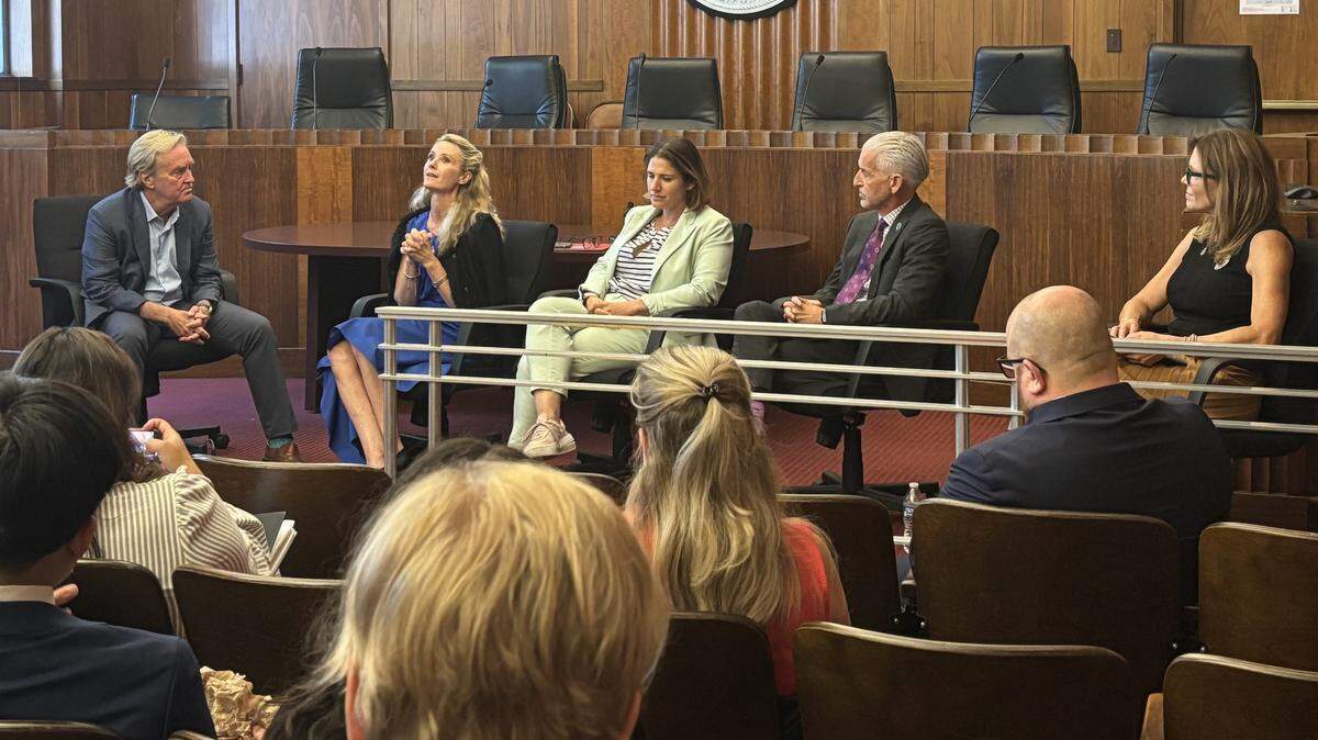 First Partner Jennifer Siebel Newsom speaks on a panel about AI and social media safety in the Legislative Office Building in Sacramento on August 20, 2025.