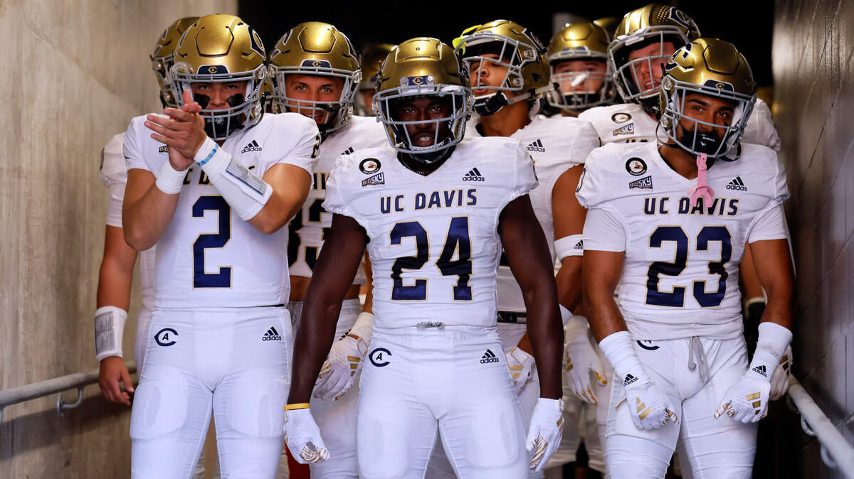 UC Davis Aggies players wait to take the field before the game against the Oregon State Beavers on Saturday at Reser Stadium in Corvallis, Ore..