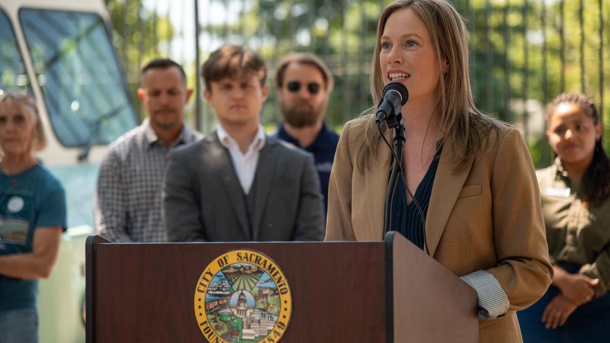 Sacramento Vice Mayor Caity Maple kicks off “Caity’s Cool Down” program at McClatchy Park Pool in Sacramento on June 21, 2024. The program will increase access to public pool programs for children.