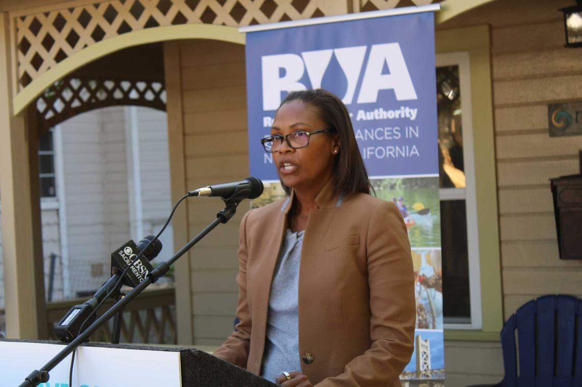 California State Water Resources Control board member Nichole Morgan speaks in front of Republix Insurance in Folsom on Oct. 20, 2022. Morgan said that a “multiplier effect” occurs when one business demonstrates water conservation methods and inspires other businesses to participate.