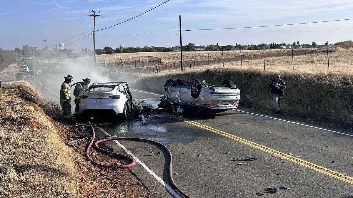 Two vehicles collided in a head-on crash Thursday morning Nov. 14, 2024, involving a white Tesla and a silver Ford on Excelsior Road near Westerly Drive in Sacramento County.