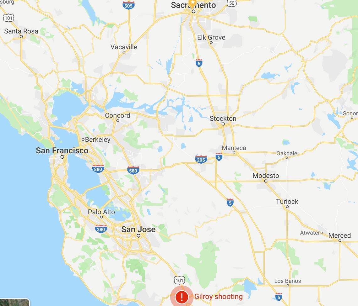 Gilroy, the scene of Sunday’s shooting, is about 80 miles southeast of San Francisco.