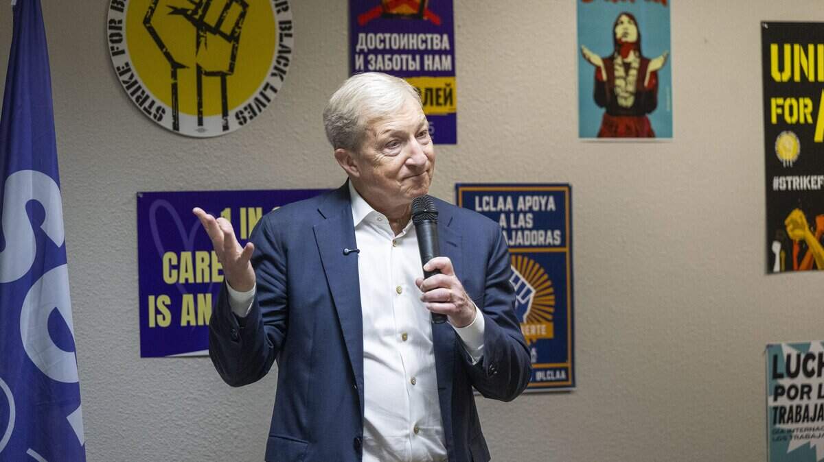 Gubernatorial candidate Tom Steyer speaks to supporters during his bus tour stop at the SEIU 2015 office in West Sacramento on Friday, May 29, 2026.