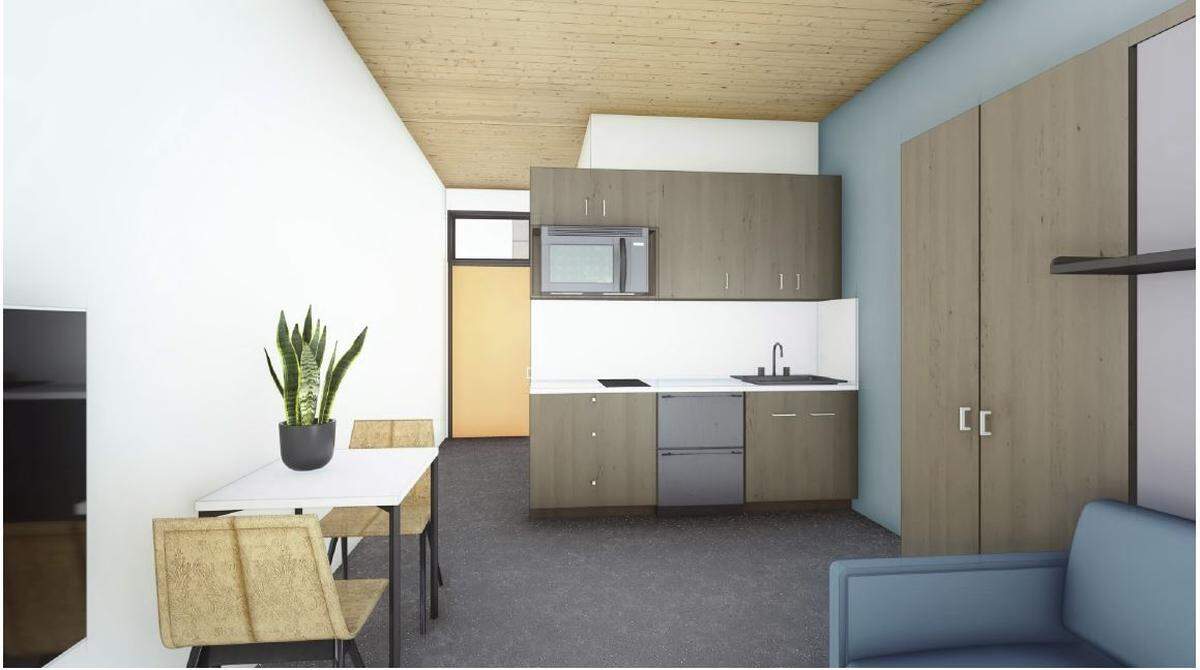 The Sonrisa 267-square- foot micro-apartments will include couches that turn into Murphy beds.