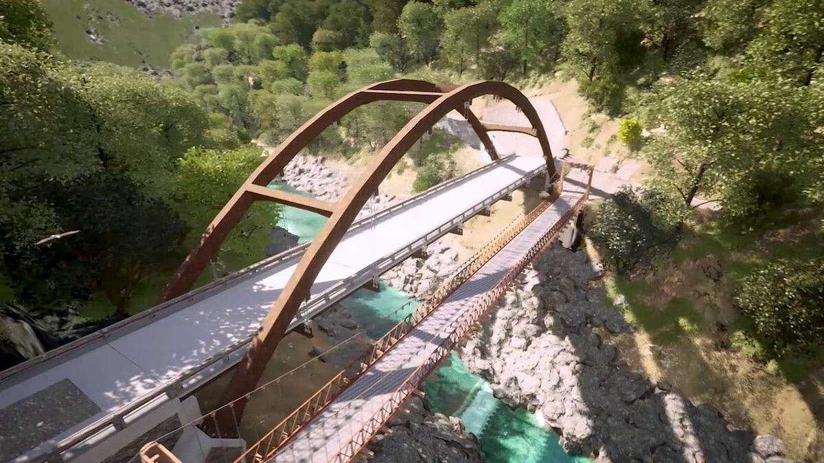 A rendering of the new Yankee Jims Bridge is seen next to the 1930s suspension structure it will replace. Placer County officials will also be creating parking spaces next to the bridges for hikers and other outdoor enthusiasts.