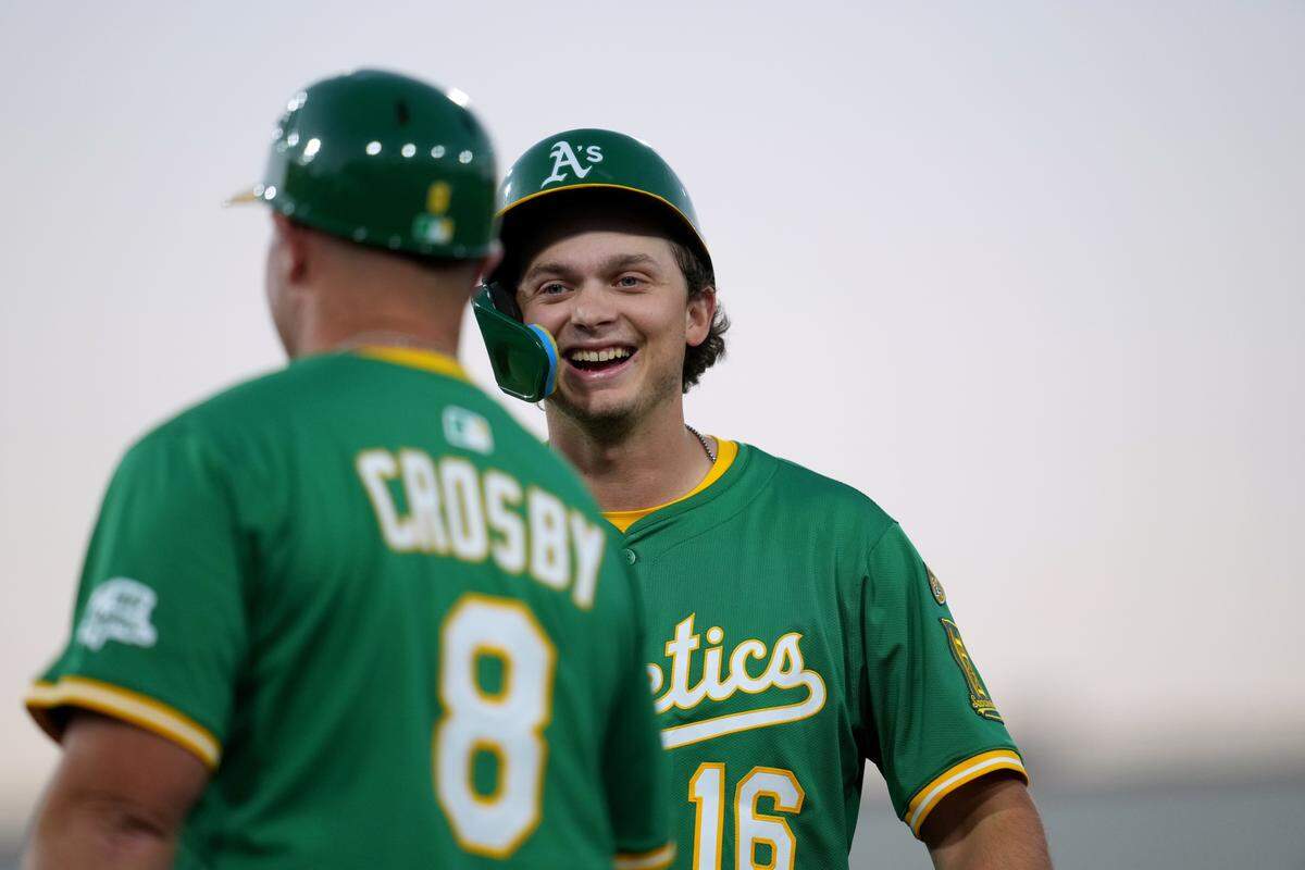 Aug 27, 2025; West Sacramento, California, USA; Athletics first baseman Nick Kurtz (16) reacts after hitting a single against the Detroit Tigers in the second inning at Sutter Health Park. Mandatory Credit: Cary Edmondson-Imagn Images
