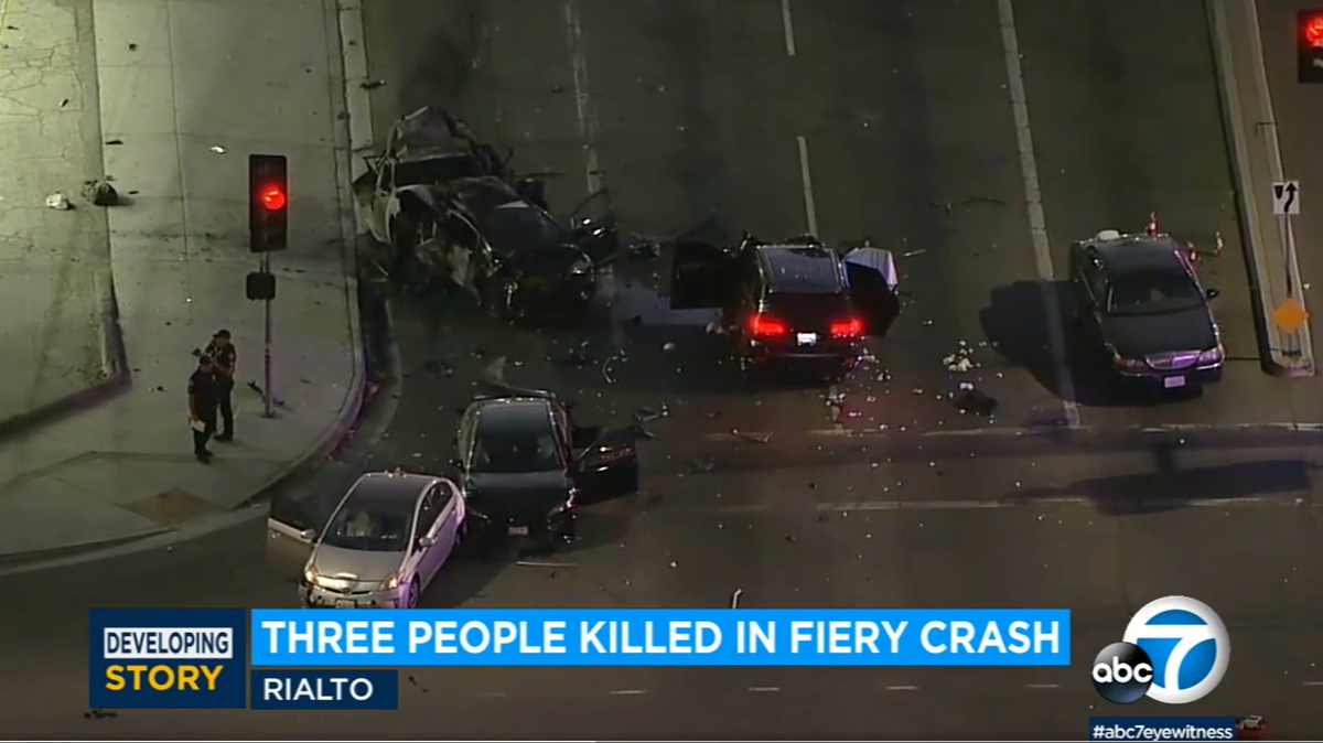 Two cars were “engulfed in flames” after an eight-car collision, resulting from a speeding car that created a domino effect of crashes, officials said.