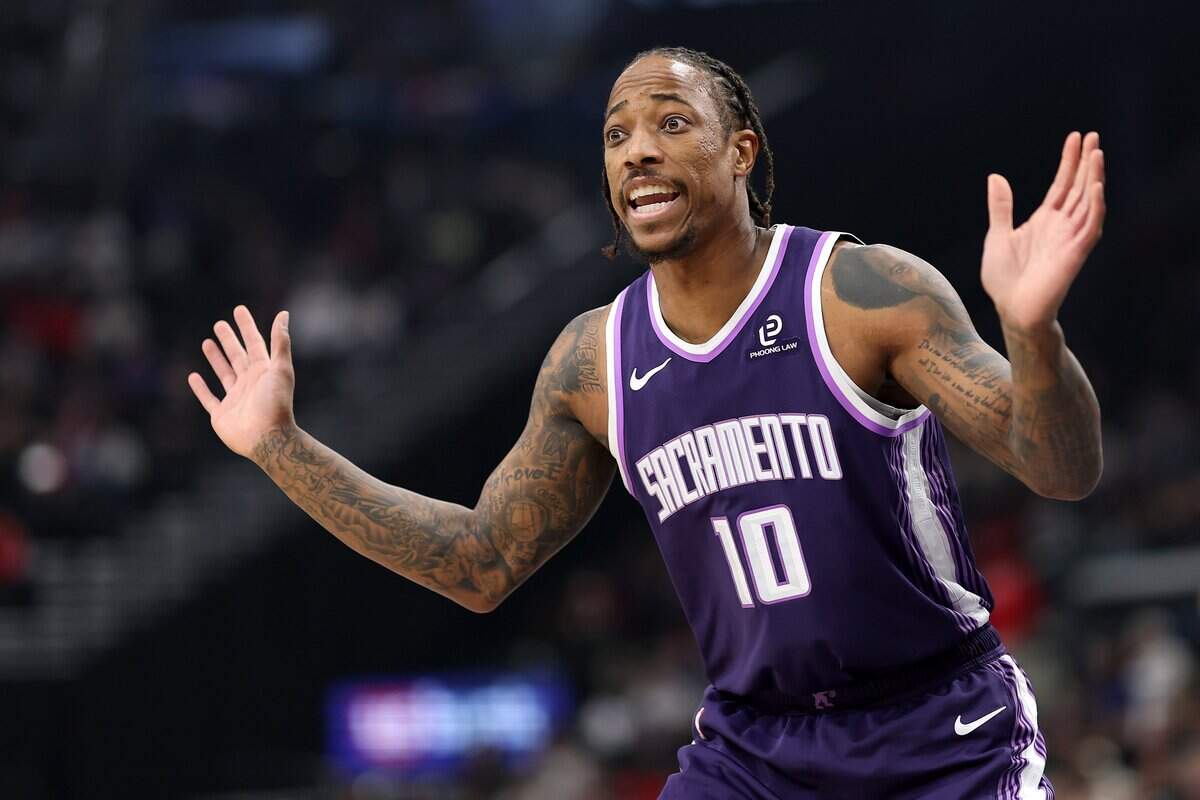 DeMar DeRozan of the Sacramento Kings reacts against the Los Angeles Clippers during the first quarter at Intuit Dome on Dec. 30, 2025 in Inglewood.