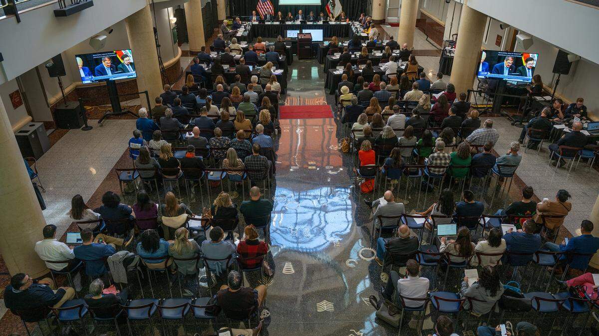 The Tsakopoulos Library Galleria in Sacramento is filled to capacity during a county-city meeting on homeless services and behavioral health on Tuesday.