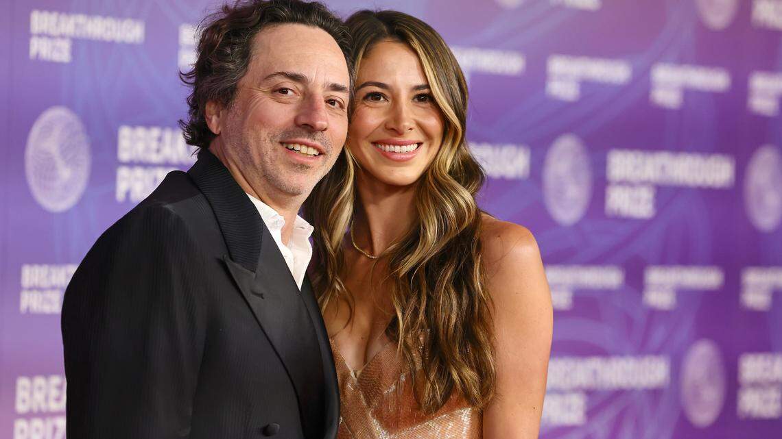 SANTA MONICA, CALIFORNIA - APRIL 18: Sergey Brin and Gerelyn Gilbert-Soto attend the 12th Breakthrough Prize Ceremony at Barker Hangar on April 18, 2026 in Santa Monica, California.  (Photo by Emma McIntyre/Getty Images)