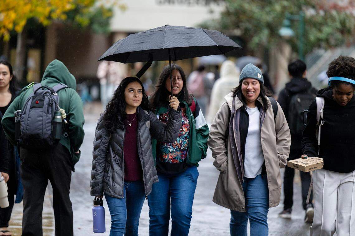 Students walk through the rain on the campus at Sacramento State on Nov. 21, 2024 in Sacramento.