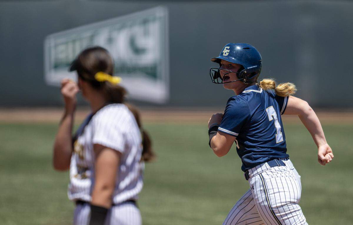 The Elk Grove Thundering Herd’s Brayden Ford rounds the bases after hitting a home run in the second inning against the Del Oro Golden Eagles on Saturday in the CIF Sac-Joaquin Section Division II softball championship at Sacramento State.