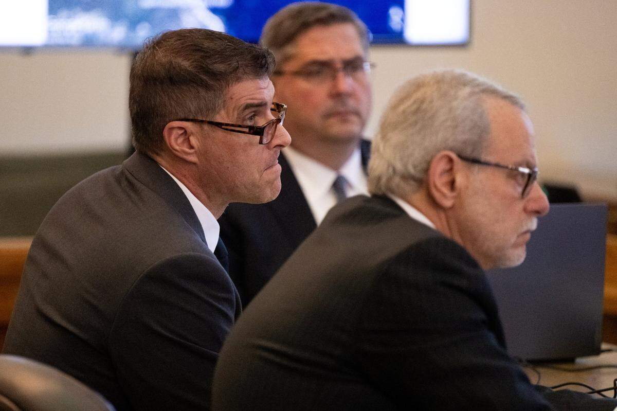Daniel Serafini, the former Major League Baseball player who is on trial for allegedly murdering his in-laws, listens to the opening arguments by the prosecution with his attorneys David Dratman and David Fischer in Placer Superior Court in Auburn on Monday, May 19, 2025.