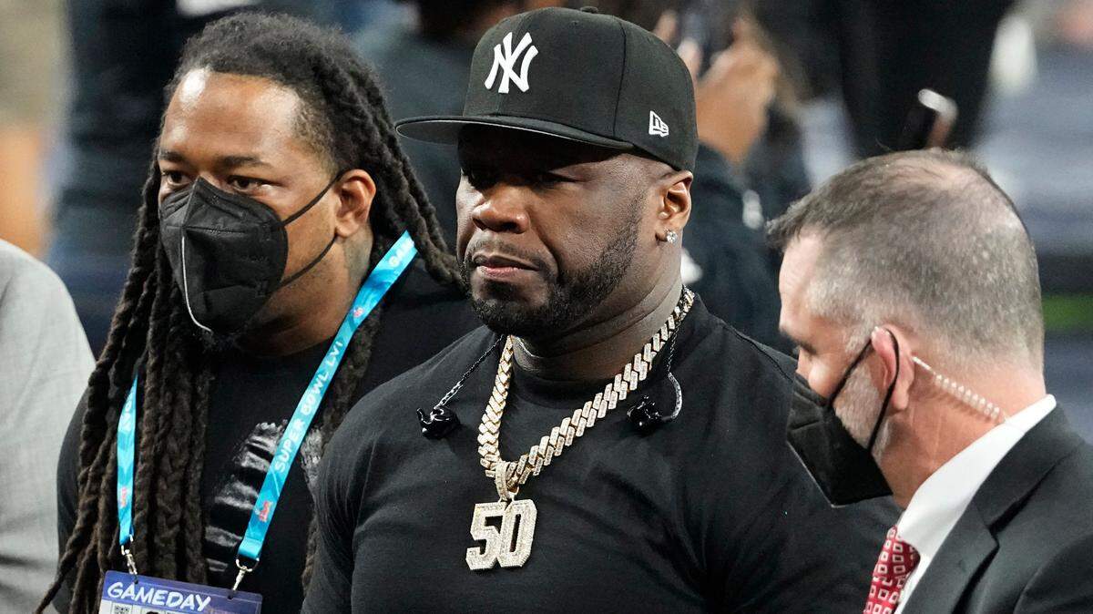 50 Cent arrives during halftime of the NFL Super Bowl 56 football game between the Los Angeles Rams and the Cincinnati Bengals, Sunday, Feb. 13, 2022, in Inglewood, Calif. (AP Photo/Tony Gutierrez)
