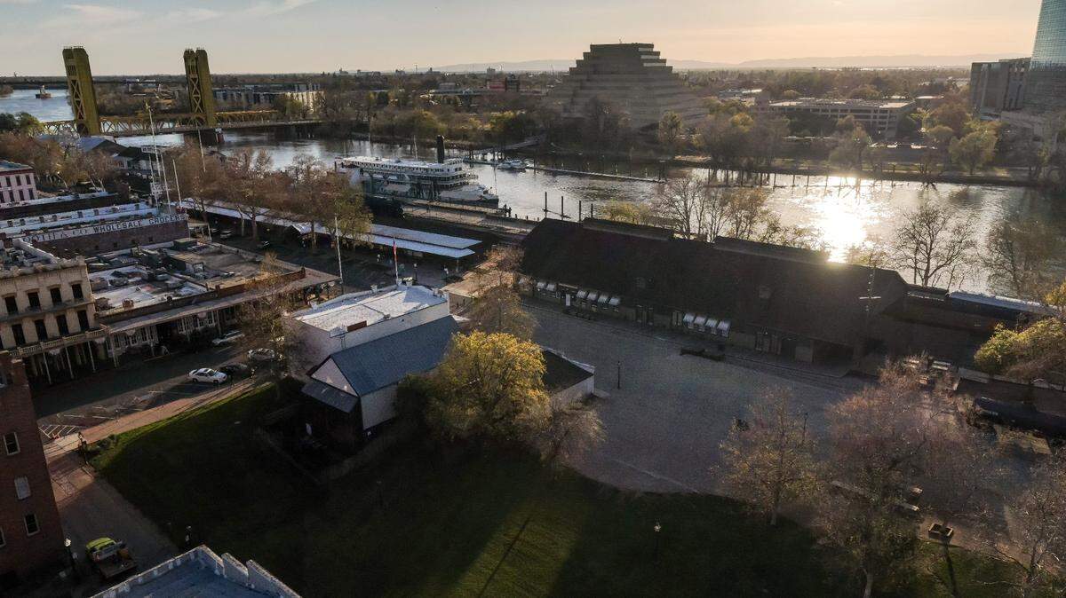The Old Sacramento waterfront is pictured in a drone photo April 5, 2023. The Firehouse Restaurant at 1112 Second St. is getting new owners.