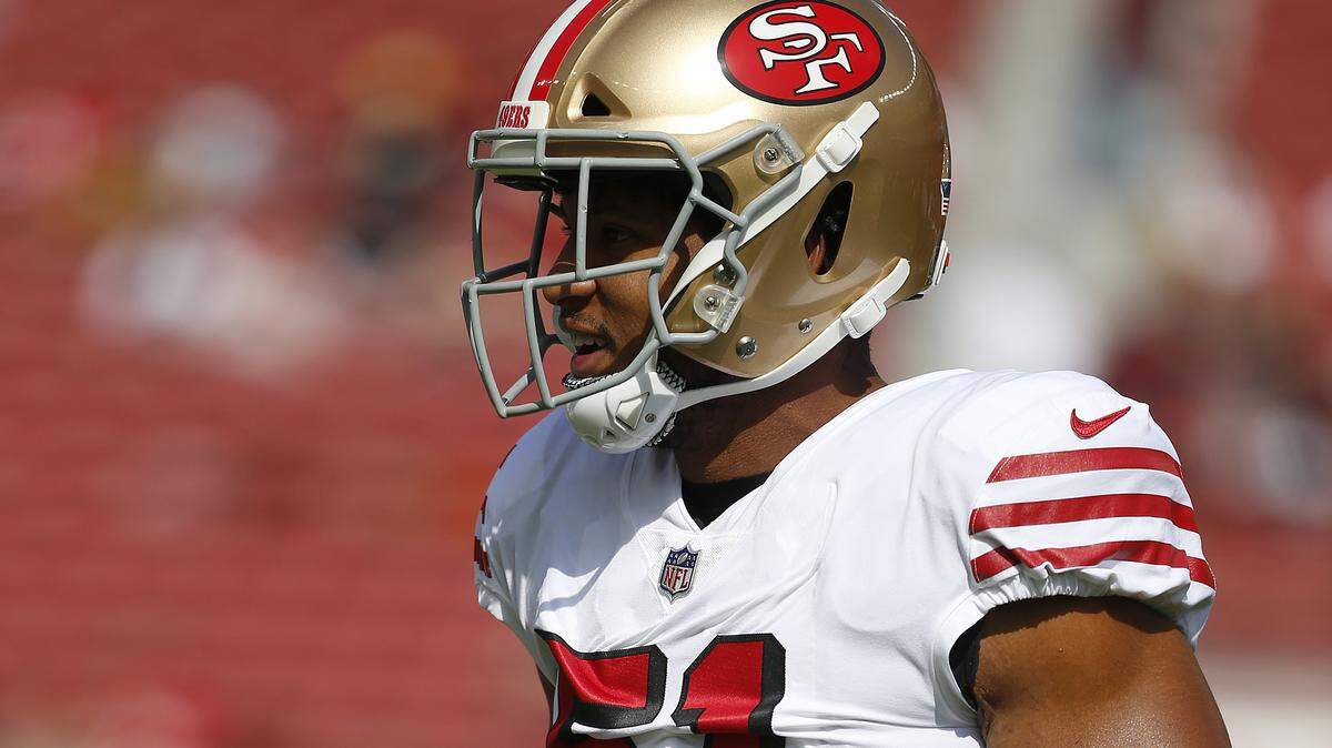 San Francisco 49ers linebacker Malcolm Smith (51) warms up before an NFL football game against the Los Angeles Rams in Santa Clara, Calif., Sunday, Oct. 21, 2018. (AP Photo/Josie Lepe)