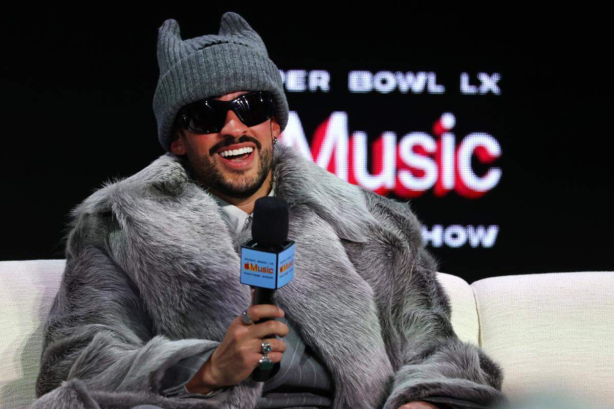 SAN FRANCISCO, CALIFORNIA - FEBRUARY 05: Bad Bunny is interviewed during the Super Bowl LX Pregame & Apple Music Super Bowl LX Halftime Show Press Conference at Moscone Center West on February 05, 2026 in San Francisco, California. (Photo by Chris Graythen/Getty Images)