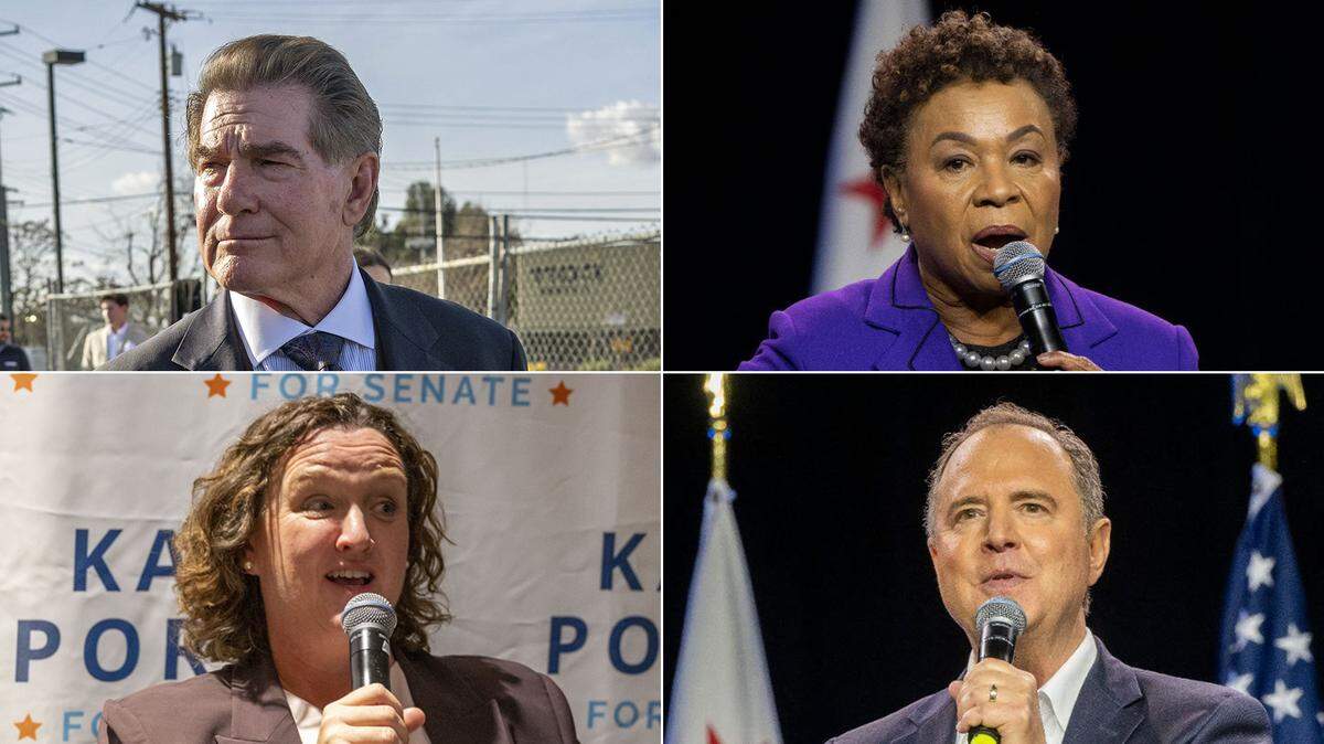U.S. Senate candidates, clockwise from top left, Republican Steve Garvey, Democrat Barbara Lee, Democrat Adam Schiff and Democrat Katie Porter.
