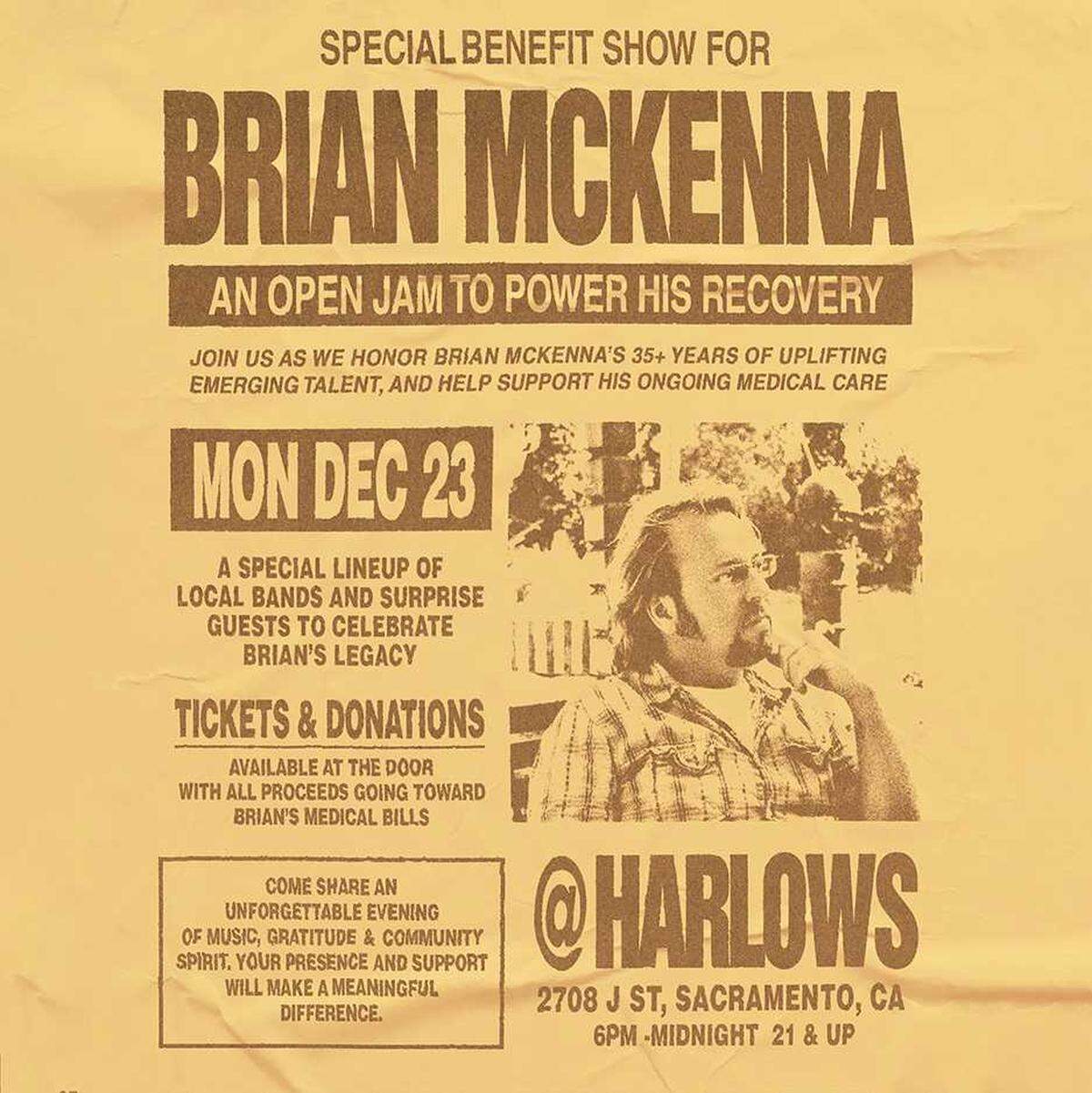 A poster for Monday night’s show to benefit Brian McKenna at Harlow’s in midtown Sacramento.