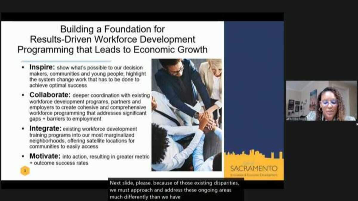 Workforce Development Manager Kriztina Palone presenting the goals of the proposed ARPA-funded workforce development programs.
