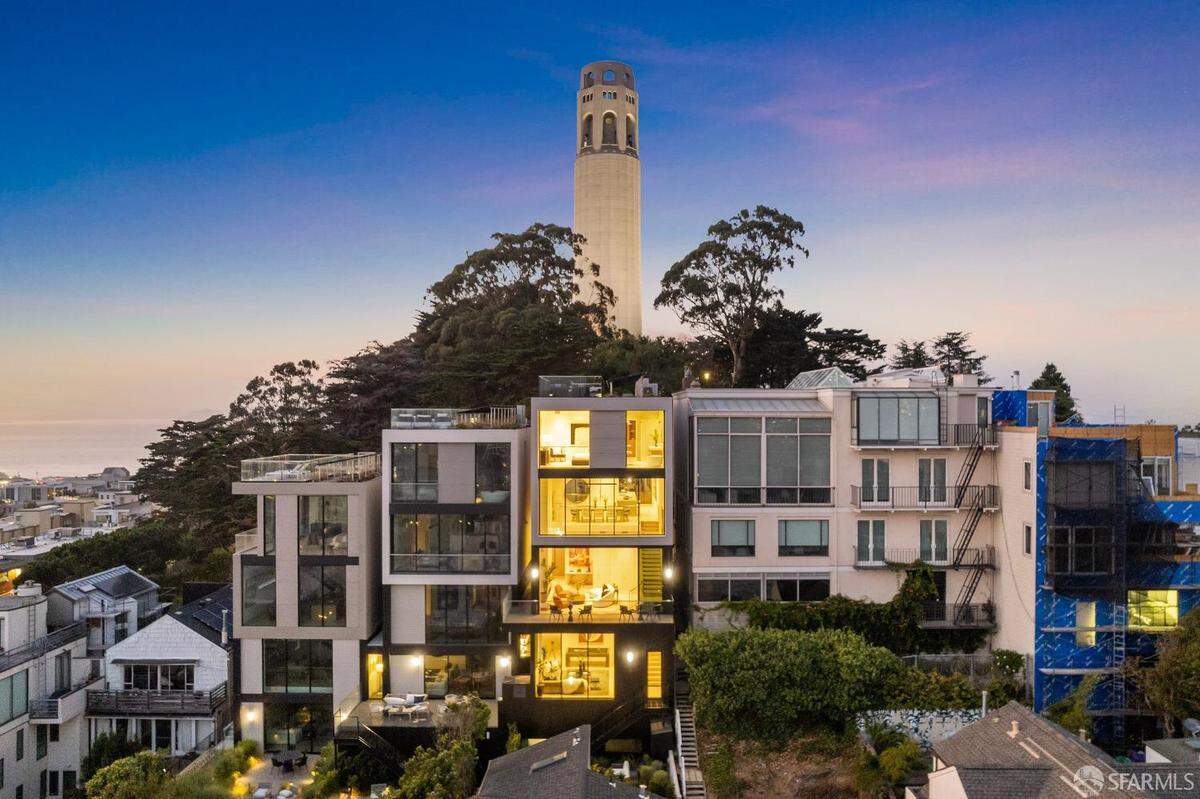 Rising just 50 yards from Coit Tower, the four-story Telegraph Hill residence captures sweeping north-to-south city views unlike any other home in San Francisco.