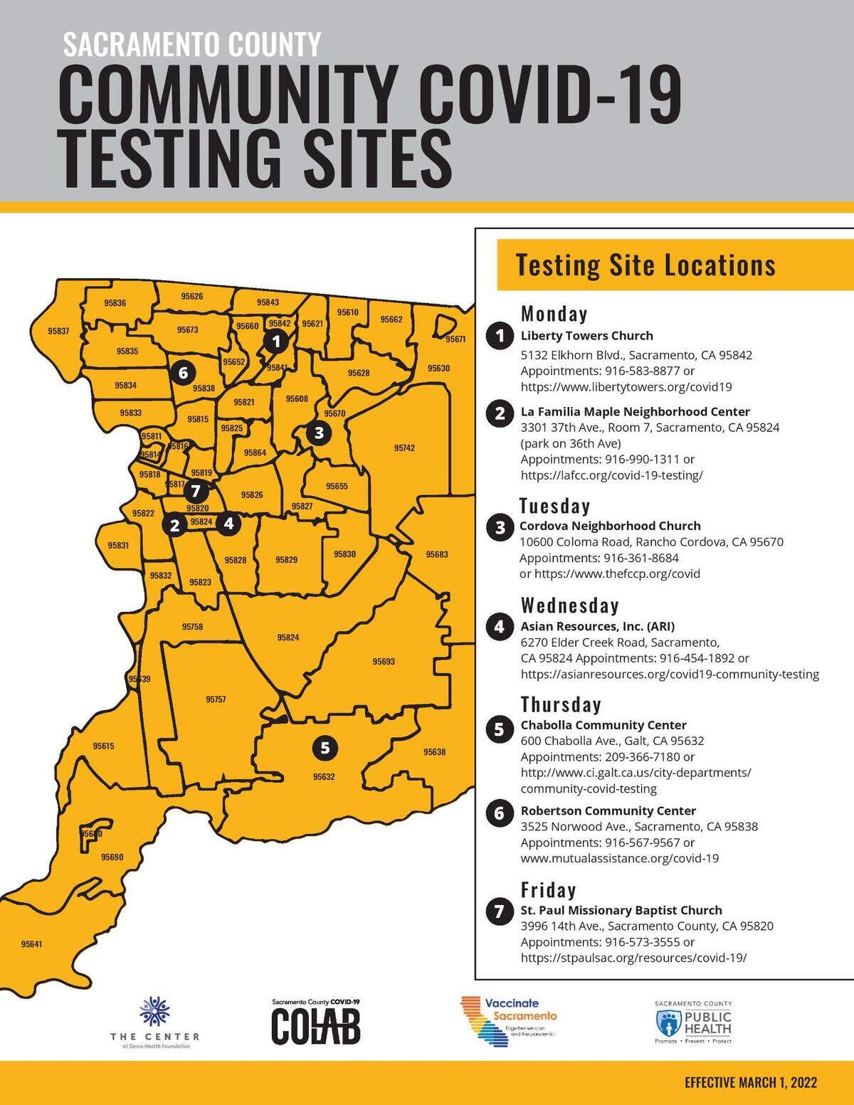 A map of Sacramento County community test sites for COVID-19 that will remain open after February 2022. The county is downsizing to seven sites from 13.