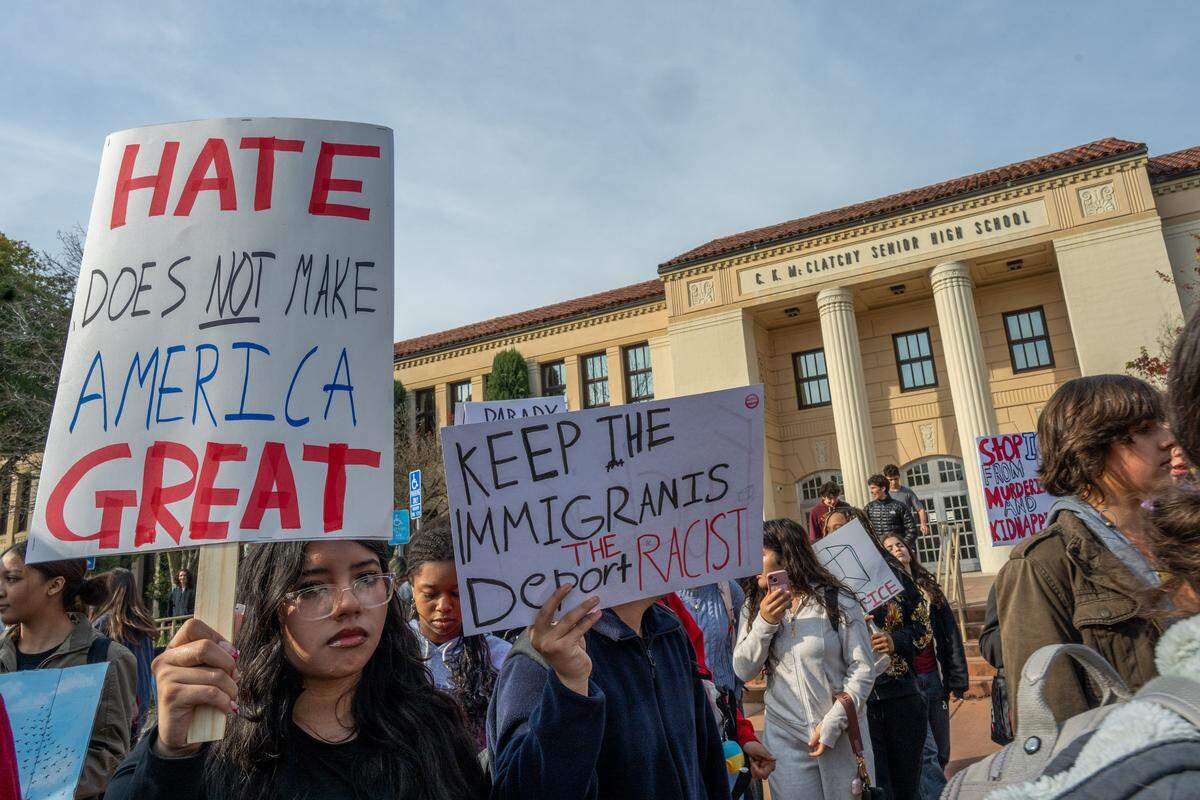 McClatchy High students take part in a districtwide walkout on Friday in Sacramento, joining a nationwide protest against immigration enforcement following fatal shootings in Minneapolis.
