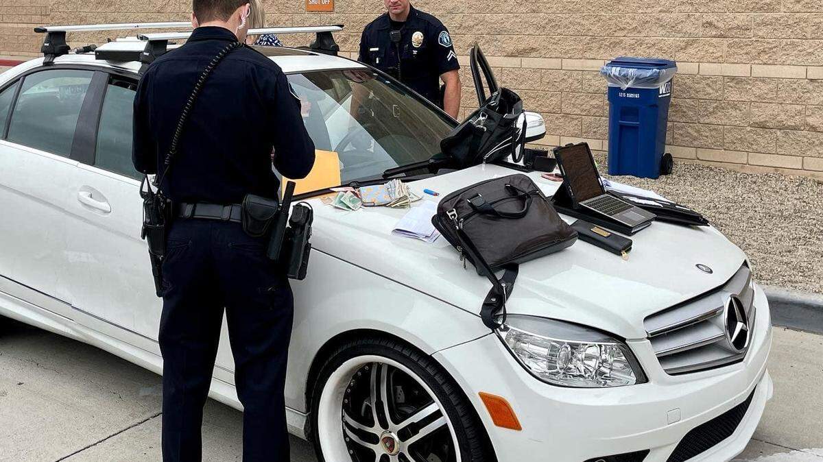 Two men were arrested on theft and burglary charges after police stopped a stolen Mercedez-Benz on May 17, 2022, in Irvine, California, police said. The vehicle had a license-plate flipper, a gas siphoning device and burglary tools.