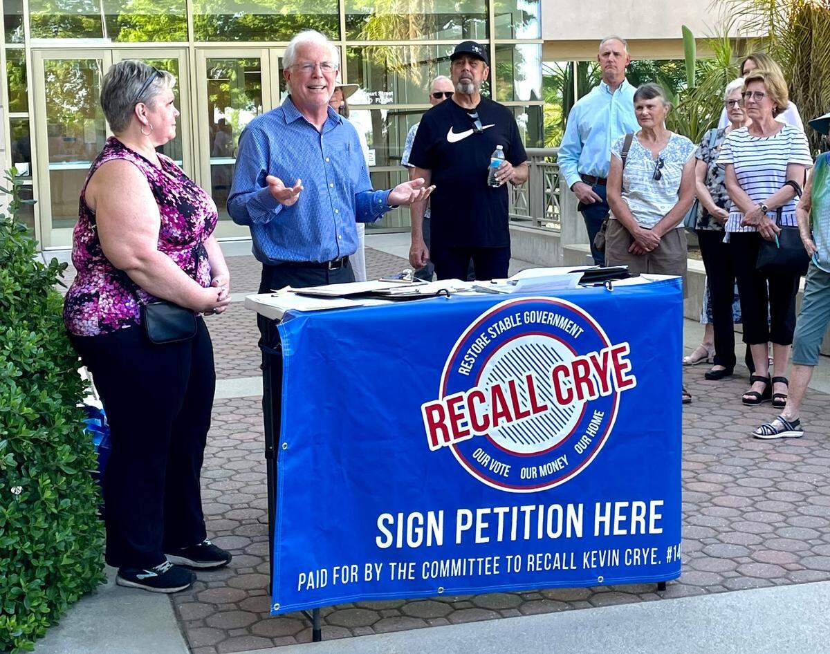 Jeff Gorder, spokesman for The Committee to Recall Kevin Crye, speaks in front of recall supporters before a Shasta County Board of Supervisors meeting on Tuesday, May 16, 2023.