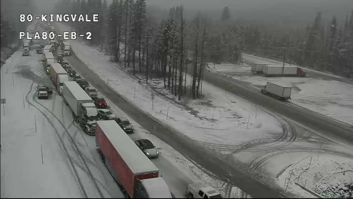 Eastbound traffic on Interstate 80 at Kingvale was stopped Wednesday, Dec. 24 around 10:45 a.m. According to reports, Caltrans held all traffic at the area’s chain checkpoint due to traffic incidents or weather concerns following heavy snowfall over the Donner Summit area.