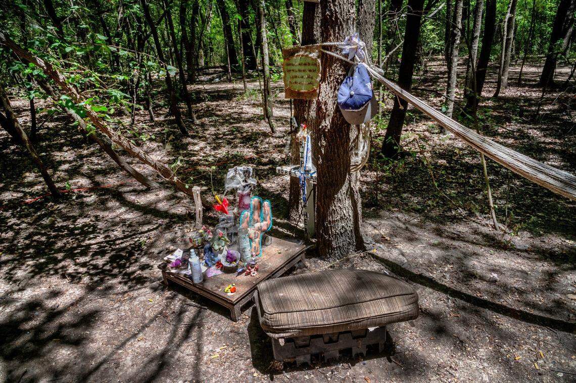 A memorial for Bobby Barker, who died a few years ago, remains at the camp near Discovery Park on June 8. He was considered the unofficial mayor of the camp before Twana James.