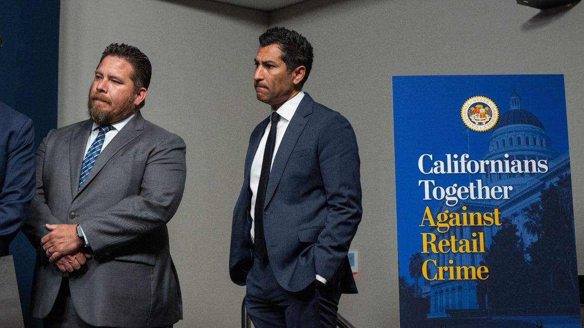 Assembly Speaker Robert Rivas, D-Hollister, presents bills to fight retail crime with legislators and other stake holders during a press conference on n Tuesday.