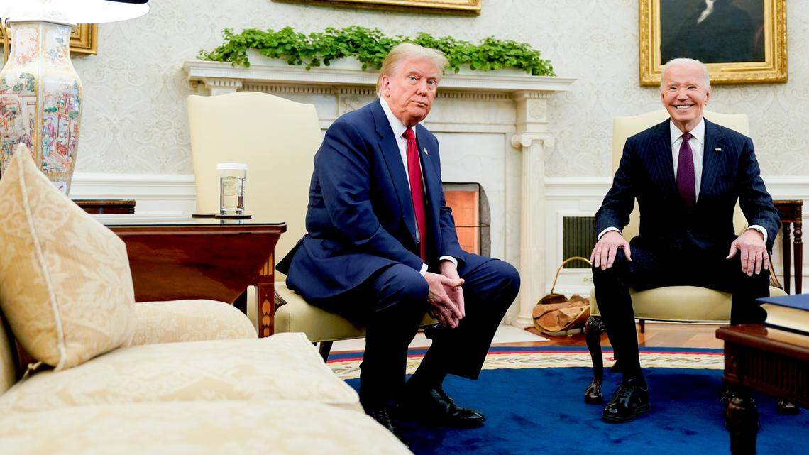 President Joe Biden, right, and President-elect Donald Trump meet in the Oval Office of the White House in Washington, DC, on Nov. 13, 2024.