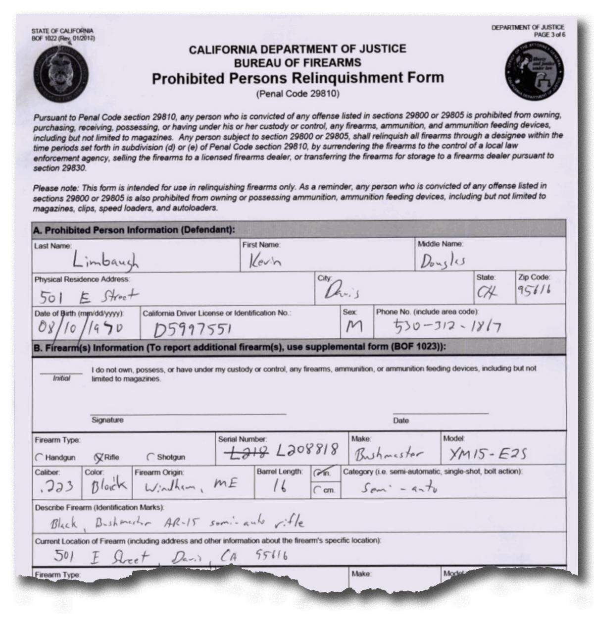 California Department of Justice records show Kevin Limbaugh agreed to surrender a .223-caliber Bushmaster AR-15 rifle in November.