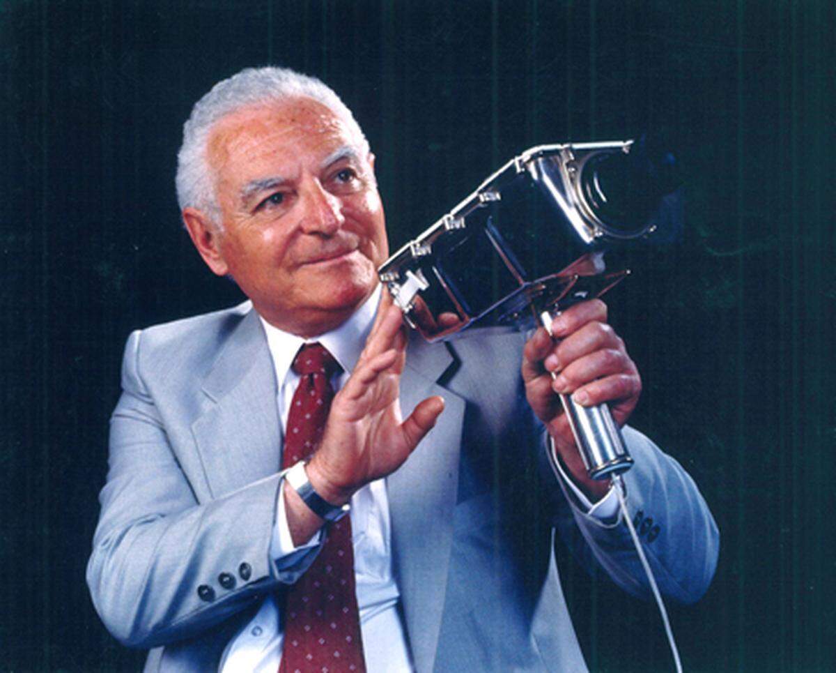 Stan Lebar holds a model of the Westinghouse Lunar TV camera which allowed the world to see Neil Armstrong’s first steps on the moon on July 20, 1969.