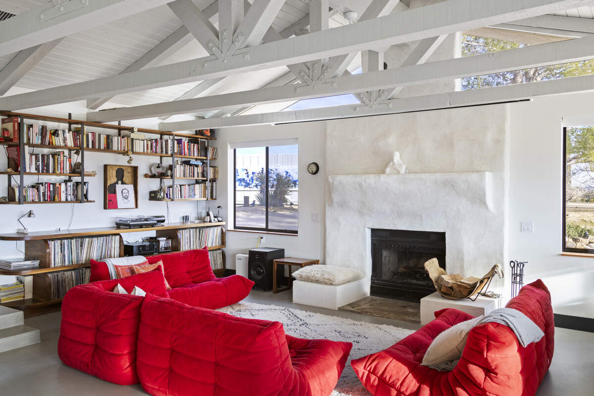 The California desert home in Pioneertown spans nearly 3,000 square feet. It’s chic and modern inside.