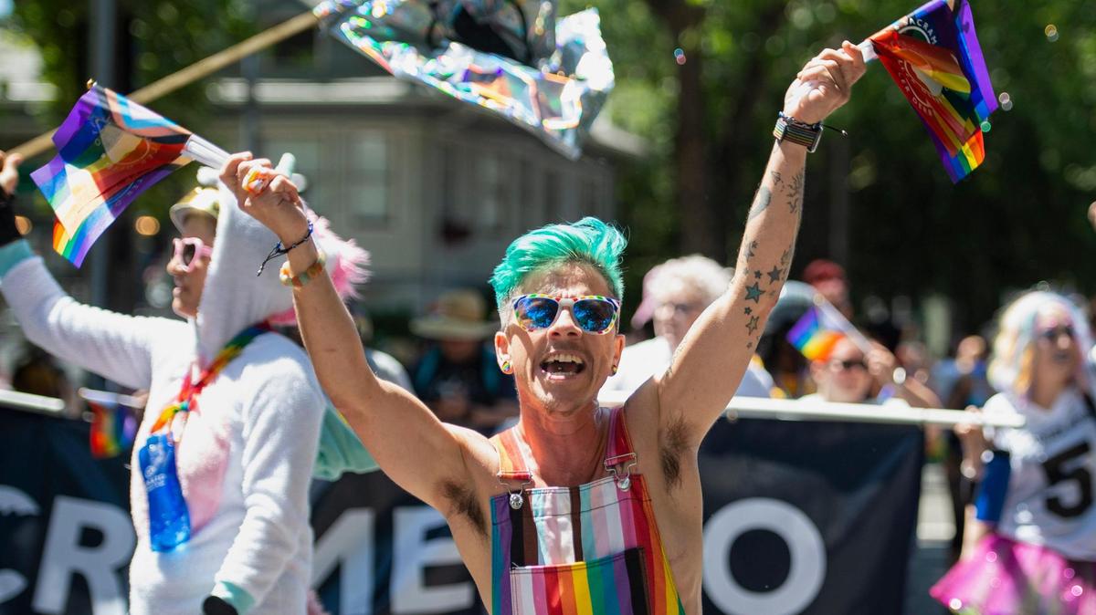 Members of the Sacramento Roller Derby march down 10th Street during the Sacramento Pride March and Parade on Sunday, June 11, 2023, in downtown Sacramento.