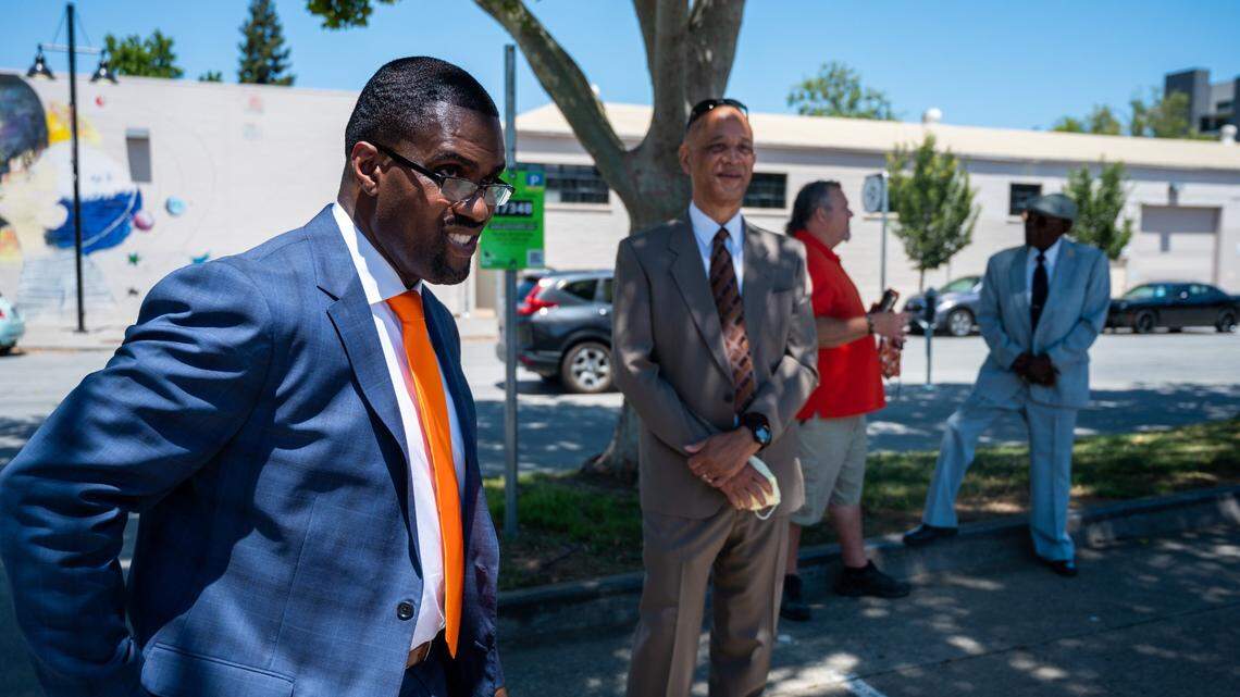 Richard Louis Brown stands in the parking lot with his supporters at SEIU Local 1000 before he is sworn as president on June 27, 2021.