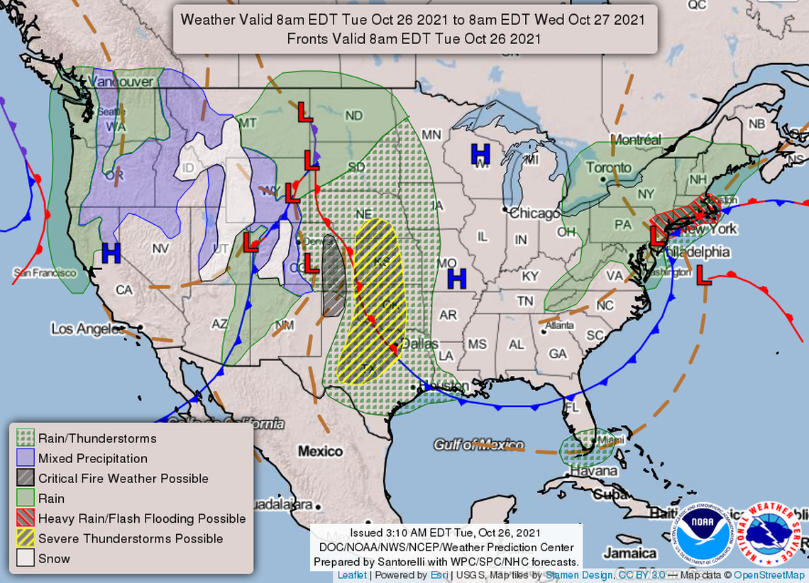 United States forecast map, where rain potential can be seen in parts of Northern California on Oct. 26, 2021.