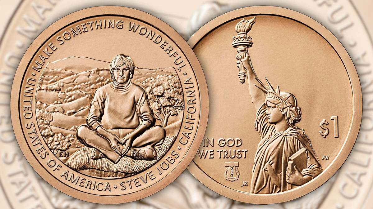 The California American Innovation $1 Coin tails design presents a young Steve Jobs sitting in front of a quintessentially northern California landscape of oak-covered rolling hills.